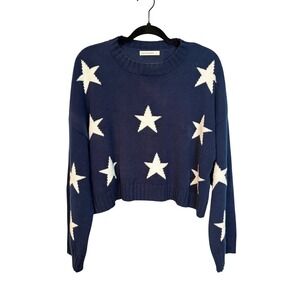 Moon & Madison Navy Blue Star Print Cropped Sweater Size Large Celestial